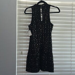 Miss Bec black halter mini dress with gold stars excellent condition
